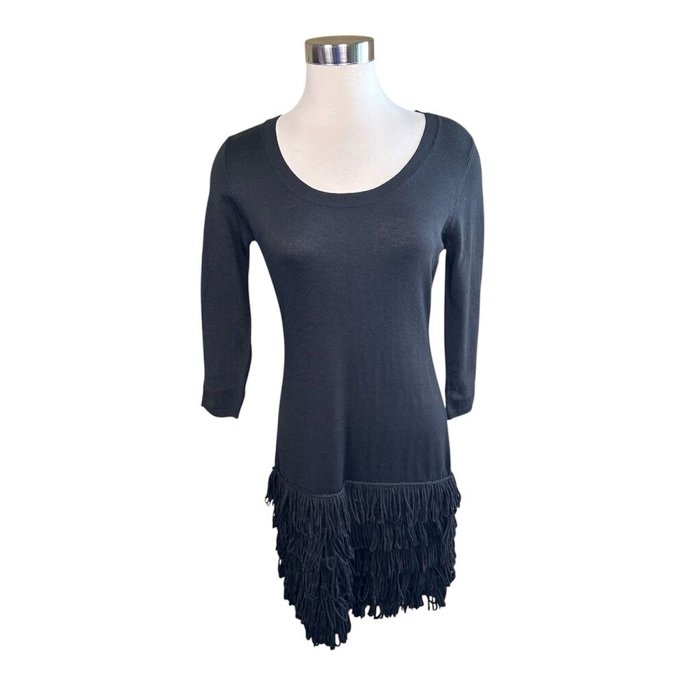 Calvin Klein Scoop Neck Sweater Dress Drop Waist Loop Fringe Hem Sz S